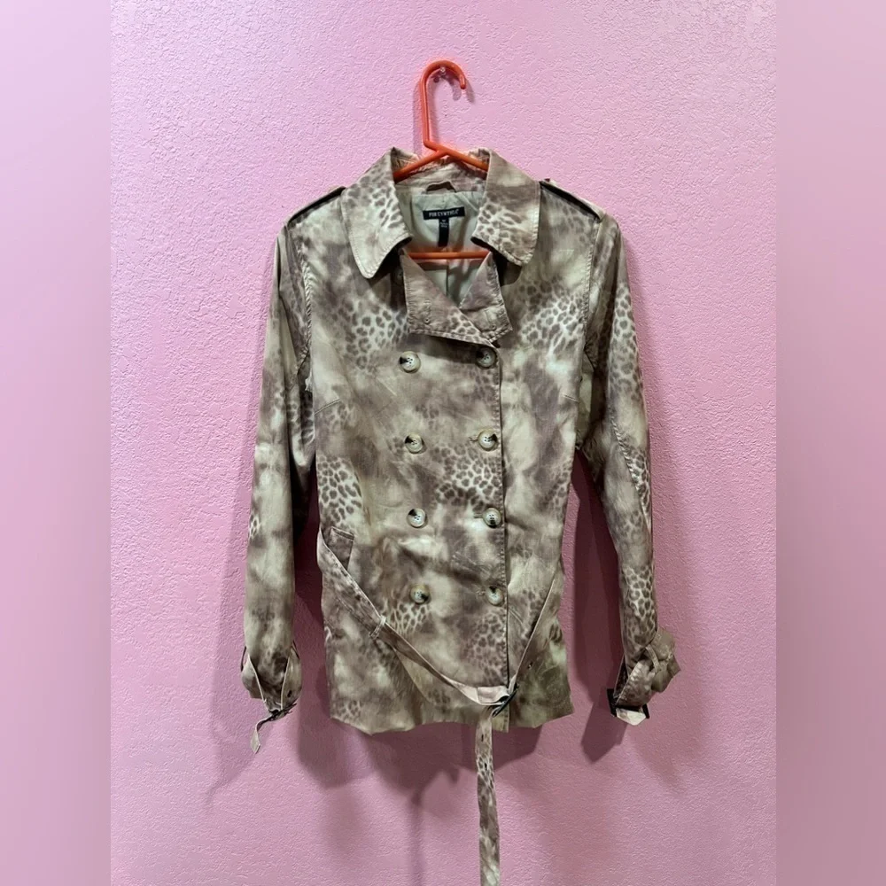 FOR CYNTHIA Tan Leopard Print Trench Coat Jacket Size M